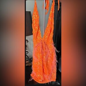 Banjul Orange Cocktail Dress with Feather Detail- size L (but fits like size M)